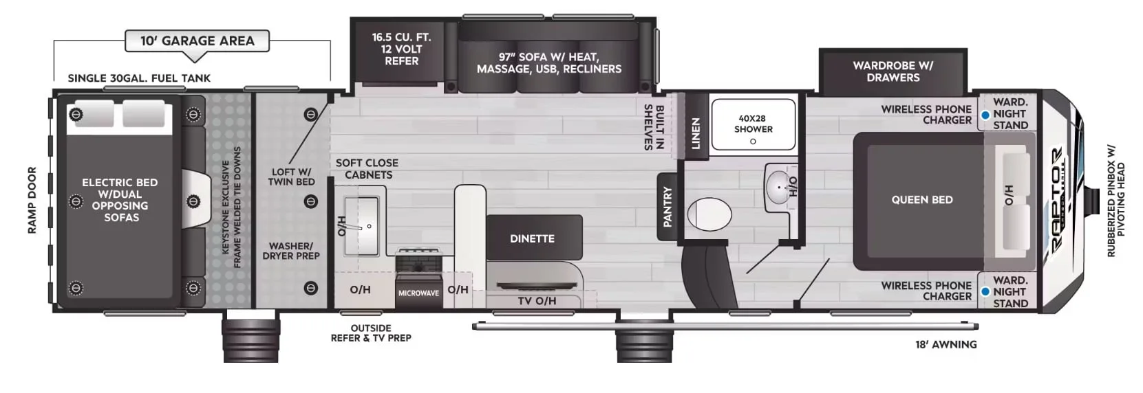 Floor plan of the RV with dinette, living area, kitchen, bathroom and bedroom.