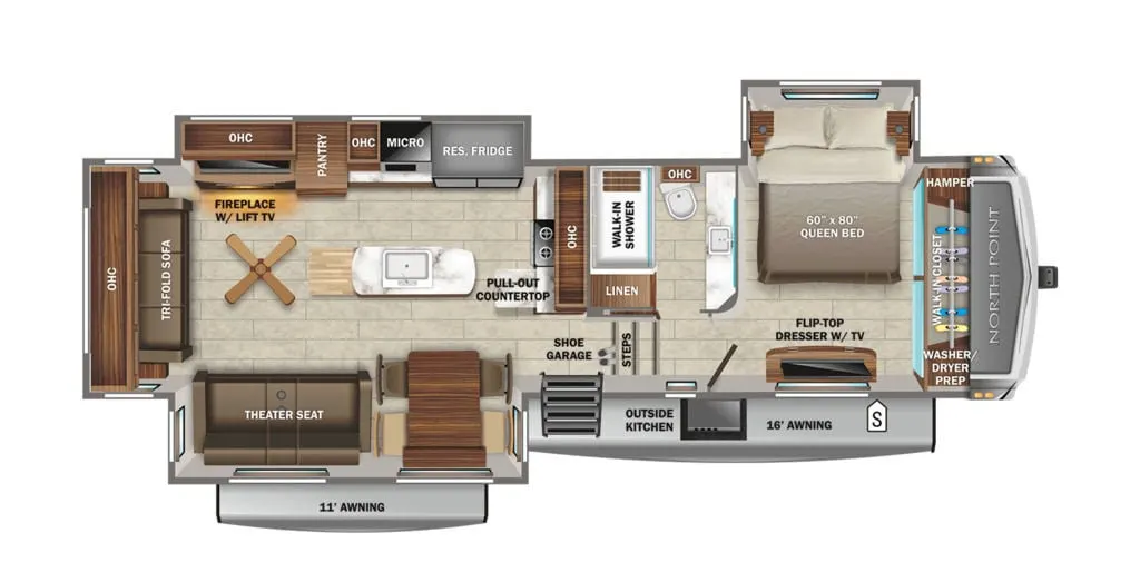 Floor plan of the RV with dinette, living area, kitchen, bathroom and bedroom.