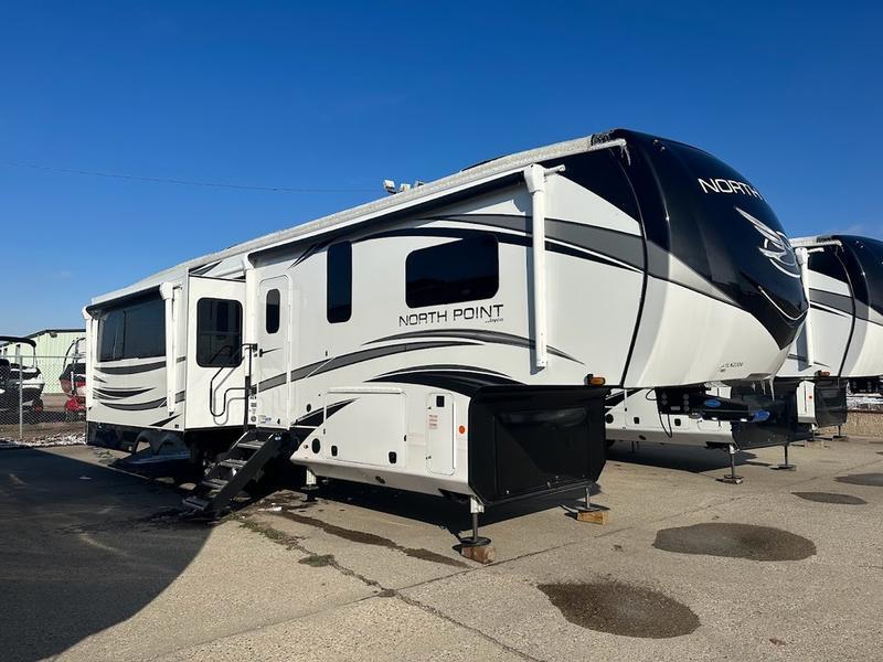 Side view of the New 2022 Jayco RV NORTH POINT 340CKTS Fifth Wheel RV.