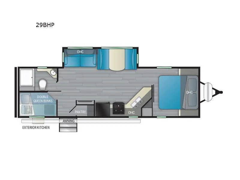 Floor plan of the RV with dinette, living area, kitchen, bathroom and bedroom.