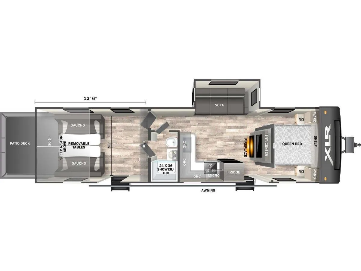 Floor plan of the RV with dinette, living area, kitchen, bathroom and bedroom.