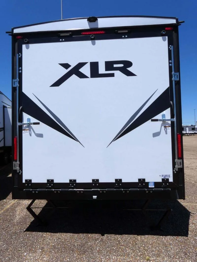 Rear view of the New 2022 Forest River XLR Hyperlite 3212 Toy Hauler RV.