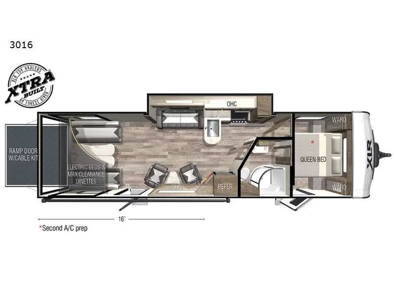 Floor plan of the RV with dinette, living area, kitchen, bathroom and bedroom.