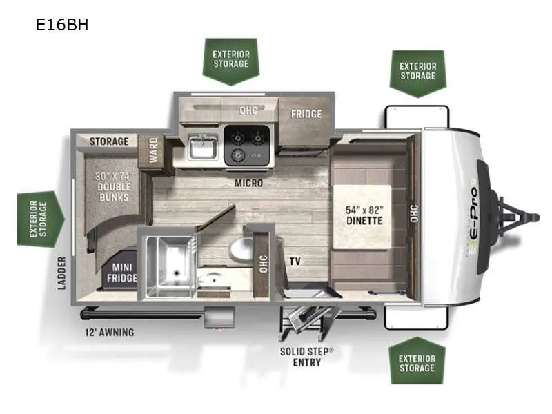 Floor plan of the RV with dinette, living area, kitchen, bathroom and bedroom.