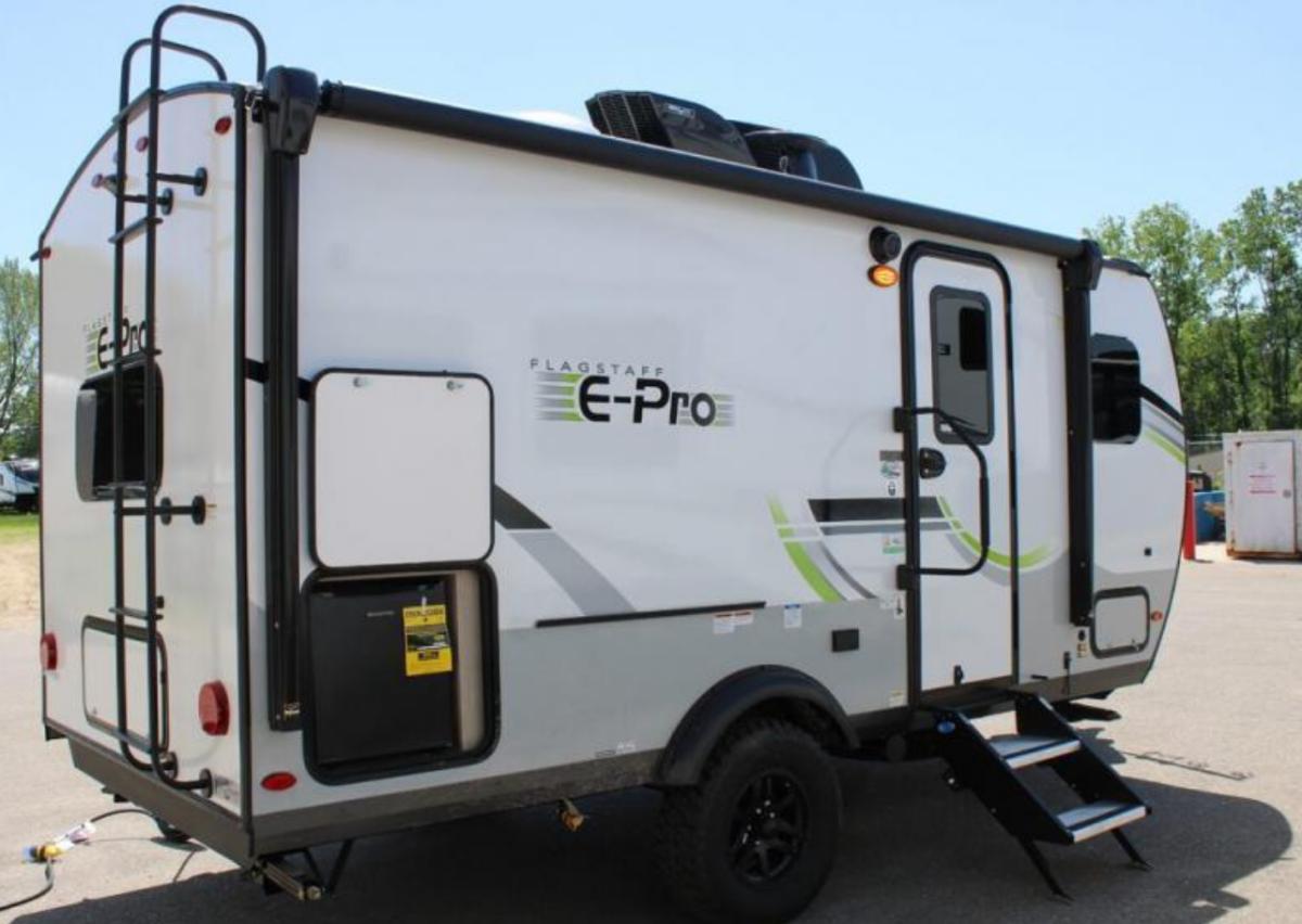 Side view of the New 2022 Forest River RV Flagstaff E-Pro E16BH Travel Trailer RV.