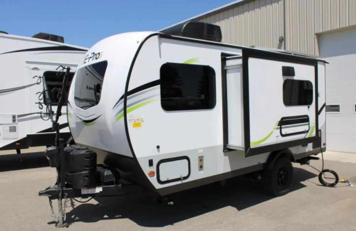 Side view of the New 2022 Forest River RV Flagstaff E-Pro E16BH Travel Trailer RV.