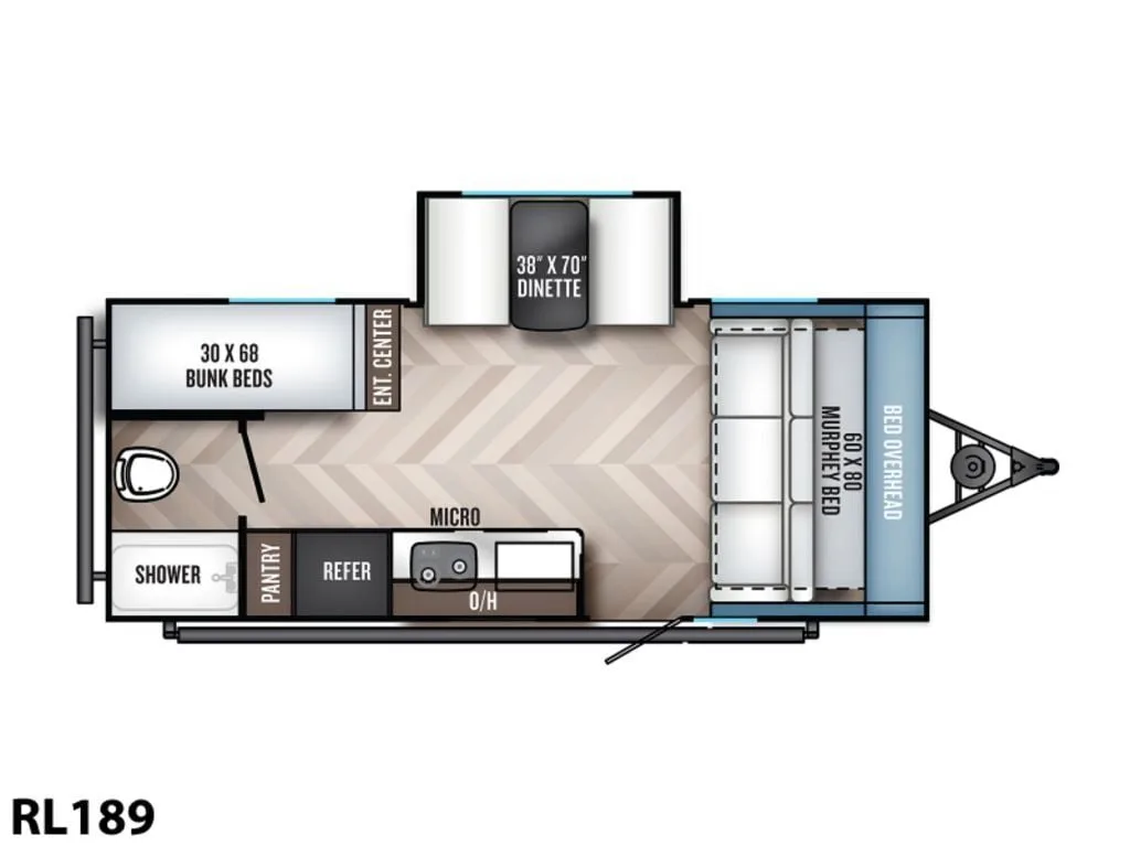 Floor plan of the RV with dinette, living area, kitchen, bathroom and bedroom.