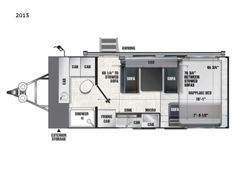 Floor plan of the RV with dinette, living area, kitchen, bathroom and bedroom.