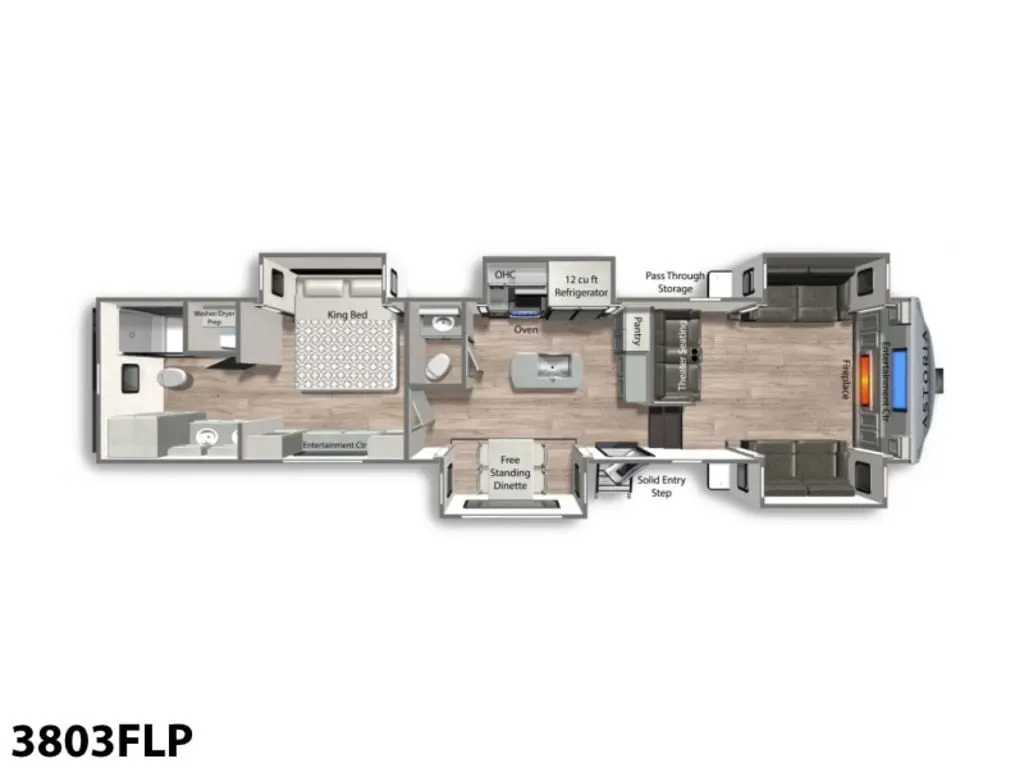 Floor plan of the RV with dinette, living area, kitchen, bathroom and bedroom.