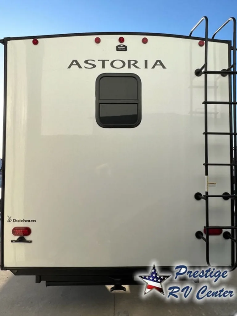 Rear view of the New 2024 Dutchmen Astoria Platinum 3803FLP Fifth Wheel RV.