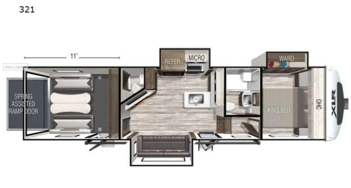 Floor plan of the RV with dinette, living area, kitchen, bathroom and bedroom.