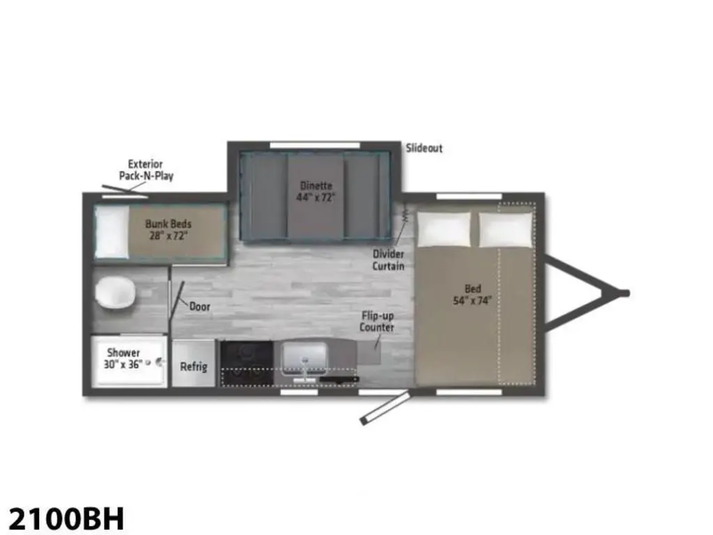 Floor plan of the RV with dinette, living area, kitchen, bathroom and bedroom.