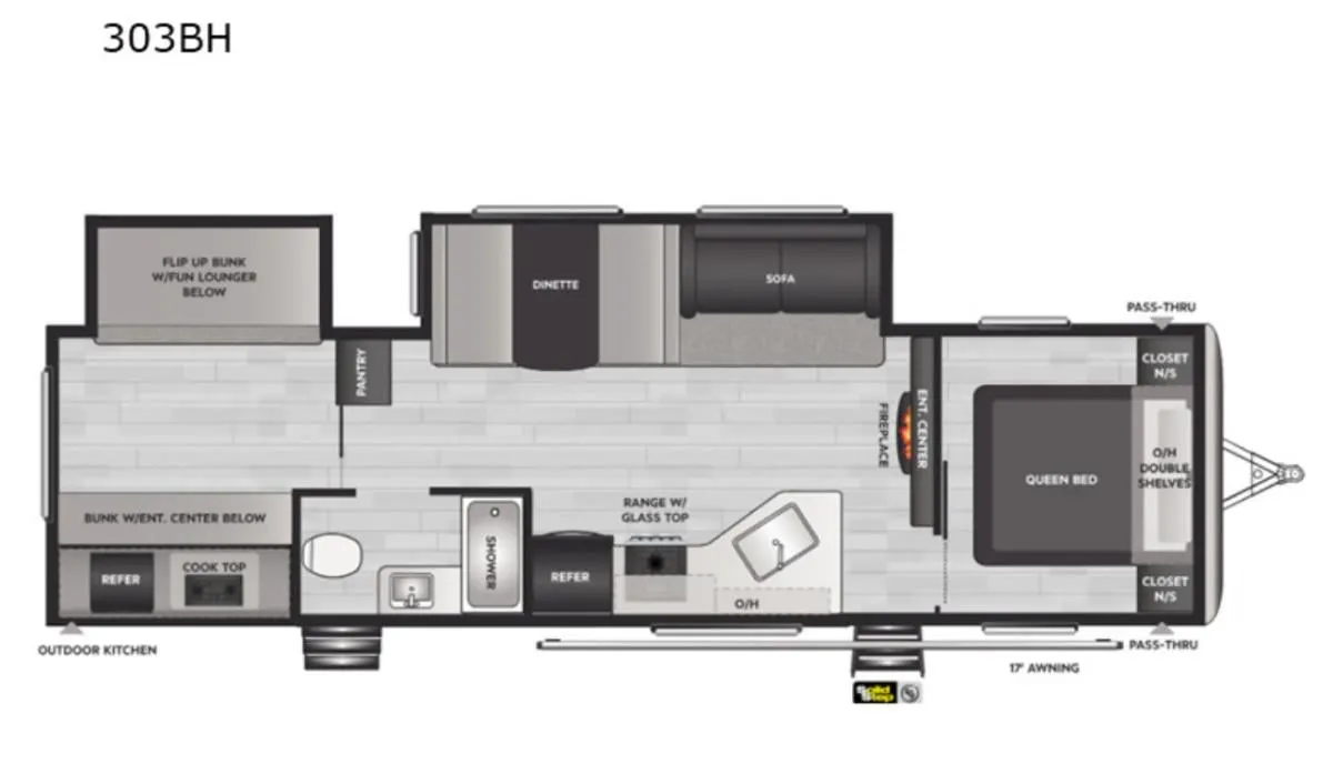 Floor plan of the RV with dinette, living area, kitchen, bathroom and bedroom.