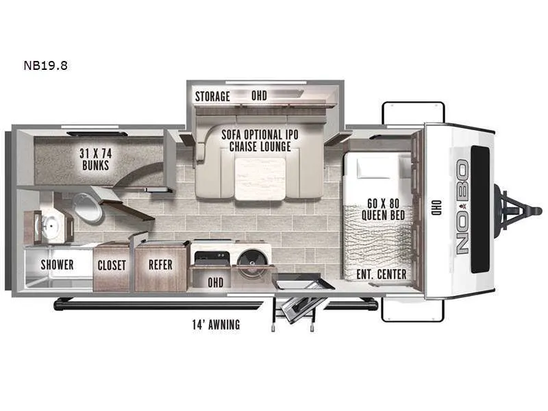 Floor plan of the RV with dinette, living area, kitchen, bathroom and bedroom.