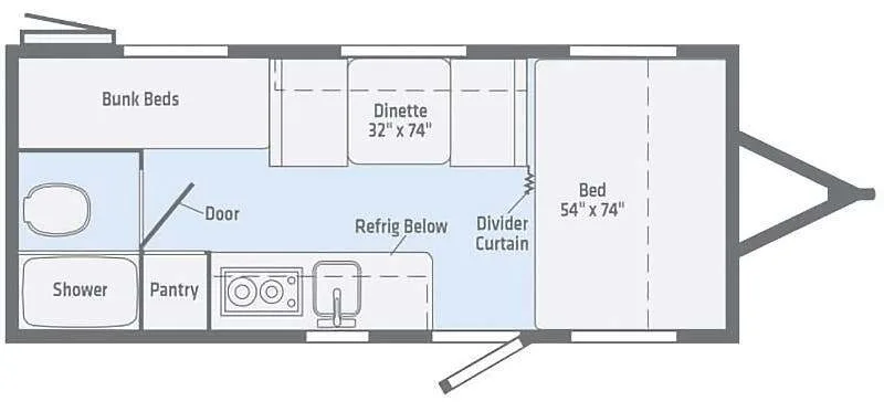 Floor plan of the RV with dinette, kitchen, bathroom and bedroom.