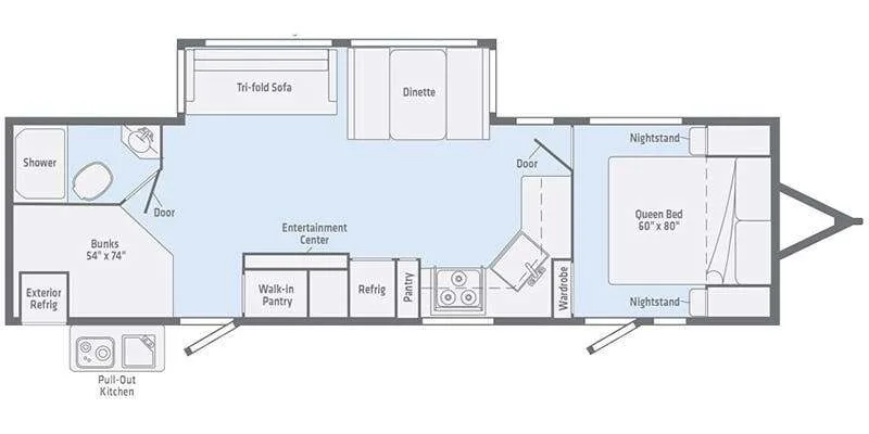 Floor plan of the RV with dinette, living area, kitchen, bathroom and bedroom.