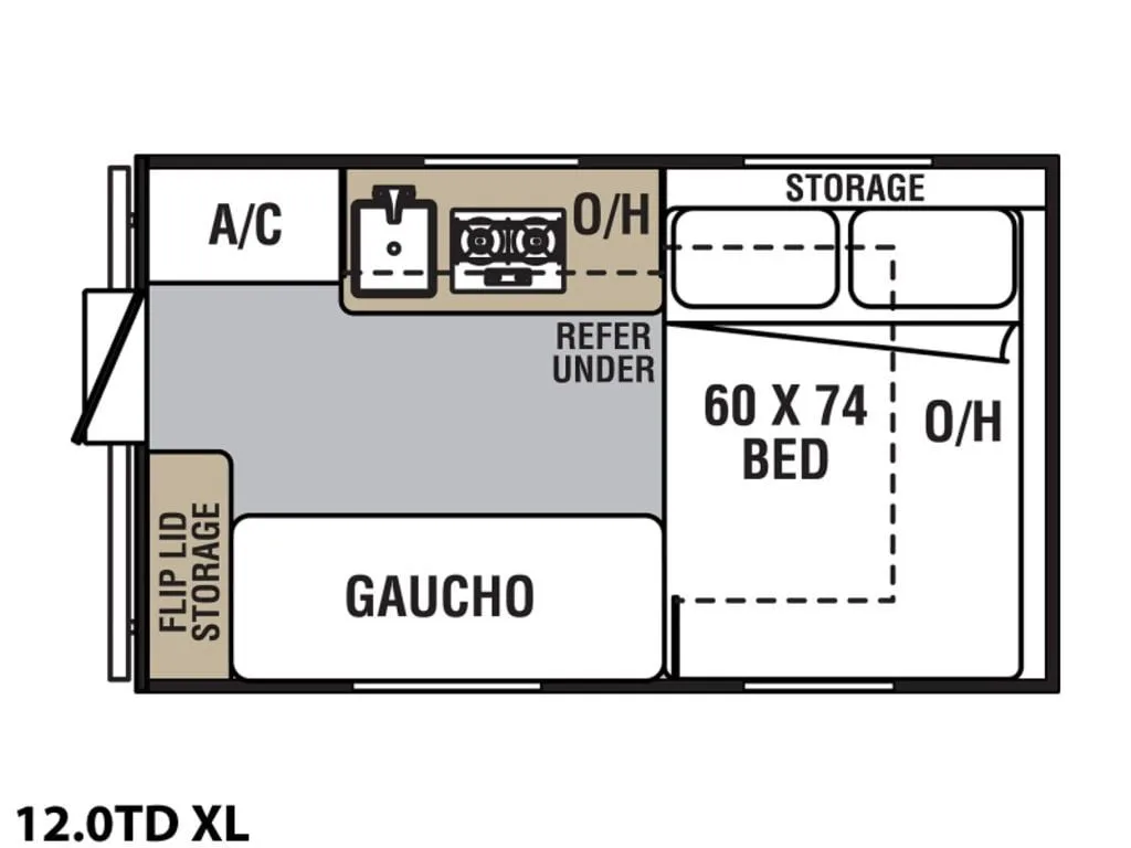 Floor plan of the RV with a kitchen, flip lid storage and bedroom.