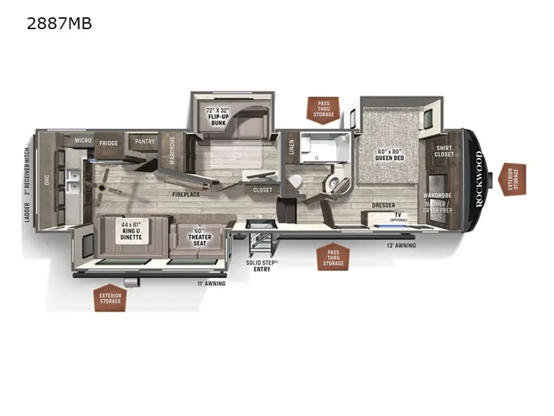 Floor plan of the RV with dinette, living area, kitchen, bathroom and bedroom.