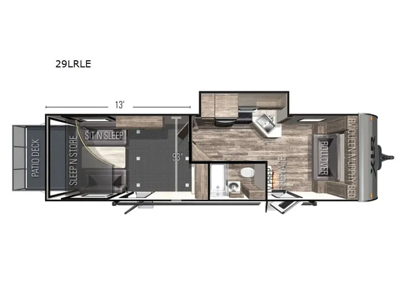 Floor plan of the RV with dinette, living area, patio deck, bathroom and bedroom.