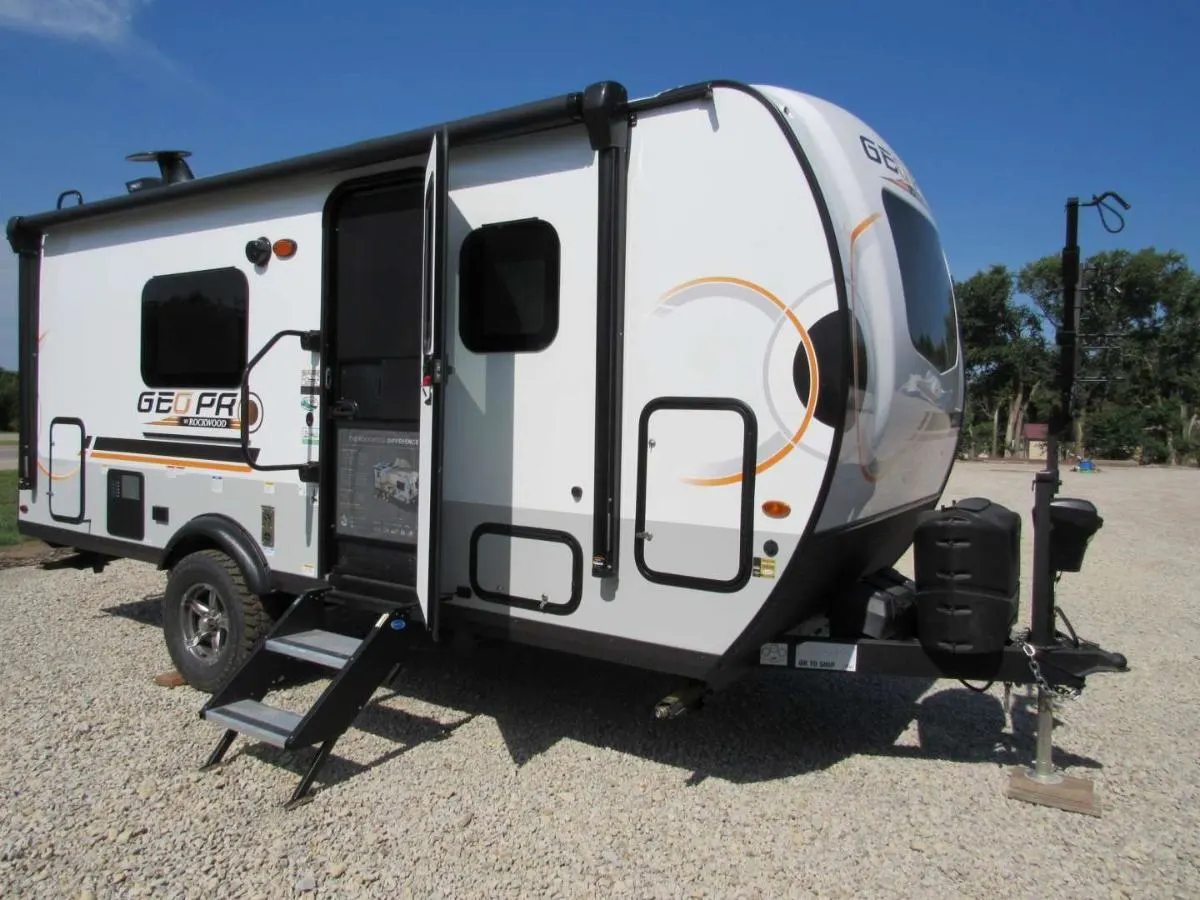 Side view of the New 2022 Forest River Rockwood Geo Pro 19FDS Travel Trailer RV.