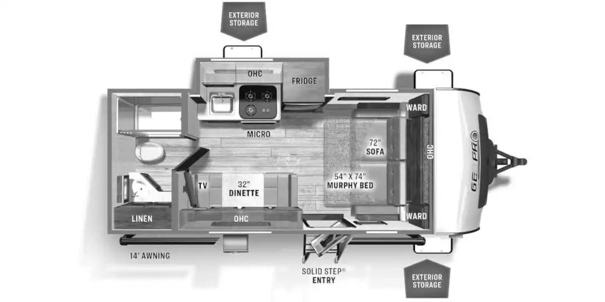 Floor plan of the RV with dinette, living area, kitchen, bathroom and bedroom.