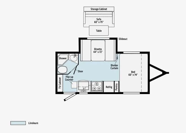 Floor plan of the RV with dinette, living area, kitchen, bathroom and bedroom.