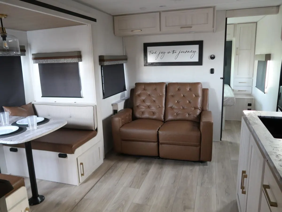 Living space with leather seats.