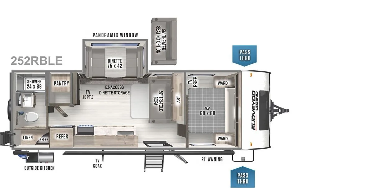 Floor plan of the RV with dinette, living area, kitchen, bathroom and bedroom.