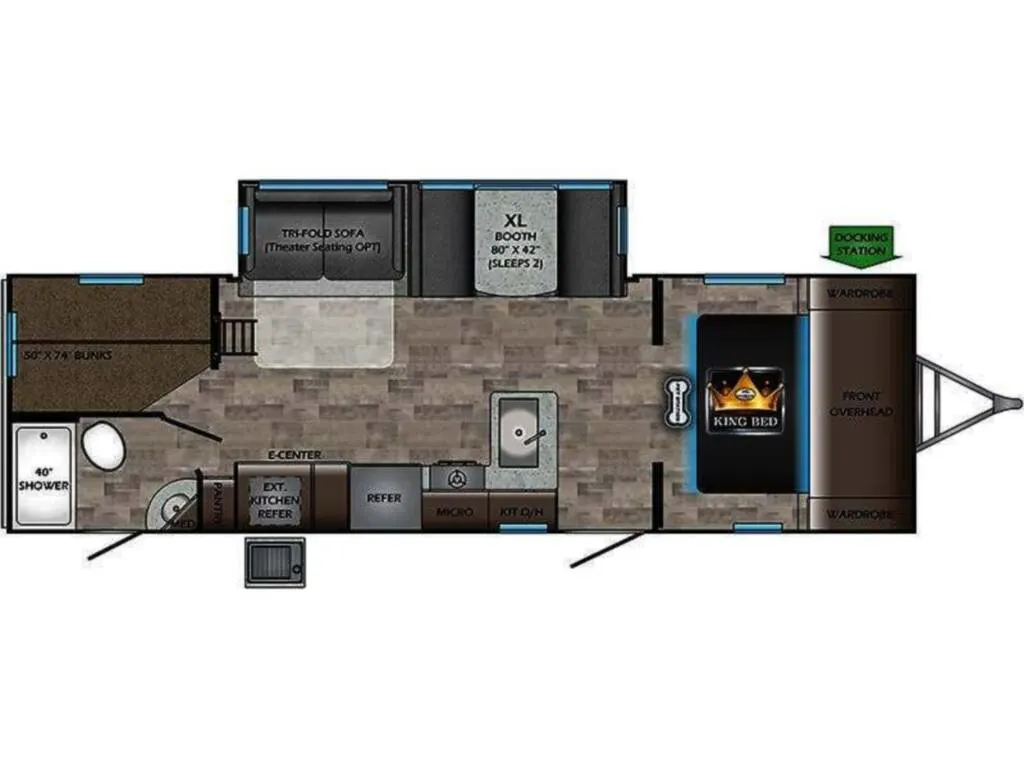 Floor plan of the RV with dinette, living area, kitchen, bathroom and bedroom.