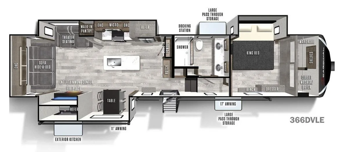 Floor plan of the RV with dinette, living area, kitchen, bathroom and bedroom.