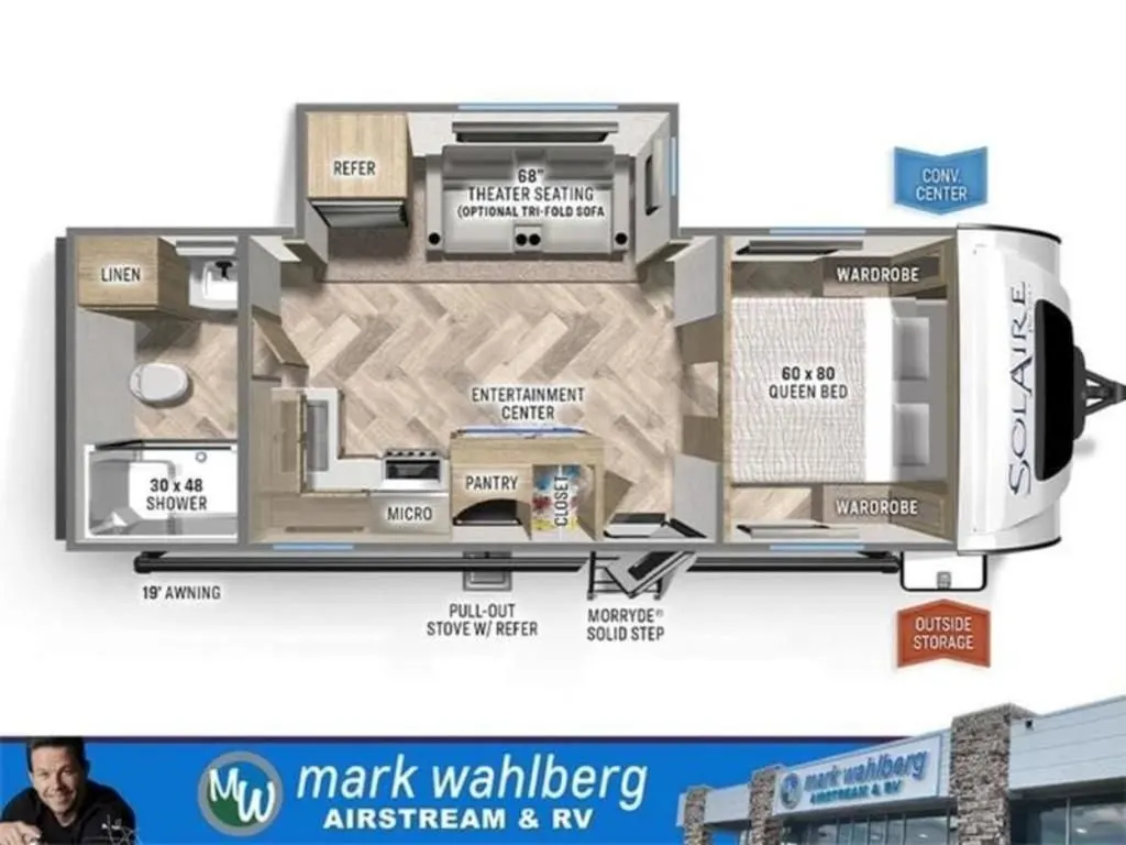 Floor plan of the RV with dinette, living area, kitchen, bathroom and bedroom.