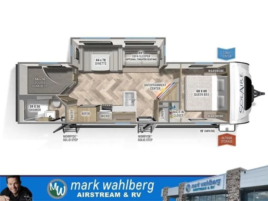 Floor plan of the RV with dinette, living area, kitchen, bathroom and bedroom.