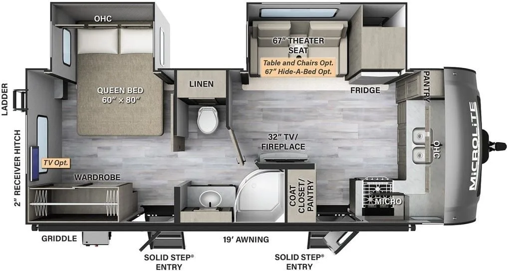 Floor plan of the RV with dinette, living area, kitchen, bathroom and bedroom.