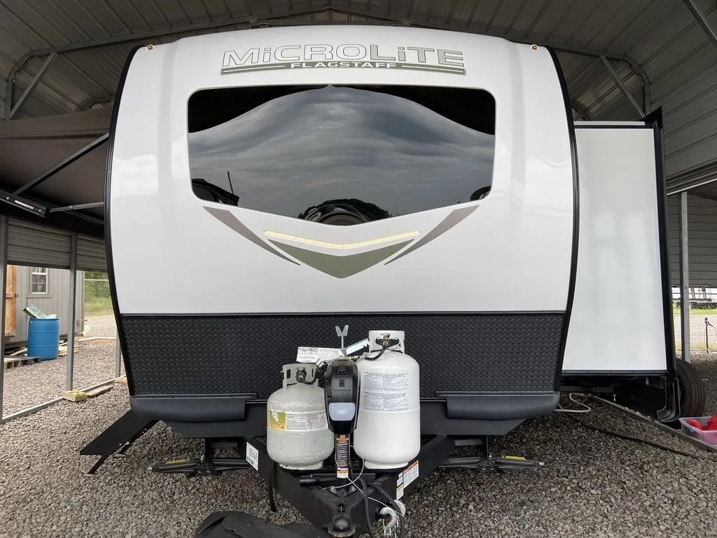 Front view of the New 2024 Forest River Flagstaff Micro Lite 25FKBS Travel Trailer RV.