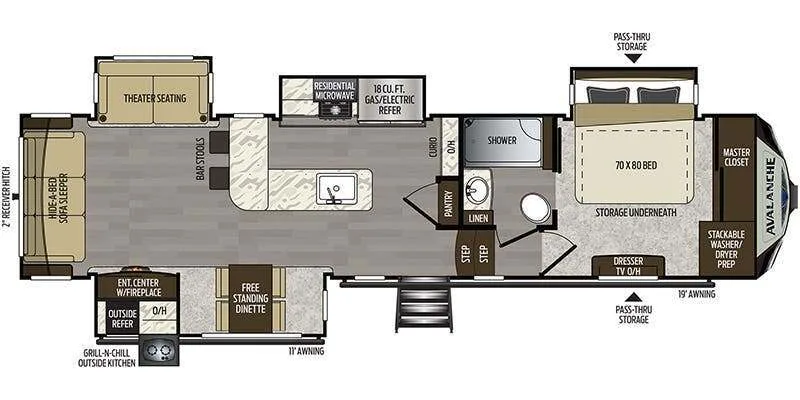 Floor plan of the RV with a living area, kitchen, bathroom and bedroom.