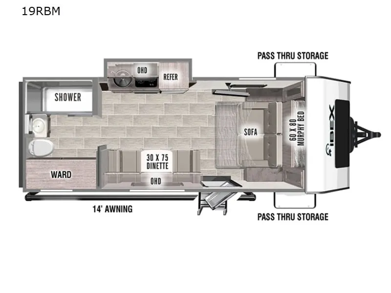 Floor plan of the RV with dinette, living area, kitchen, bathroom and bedroom.