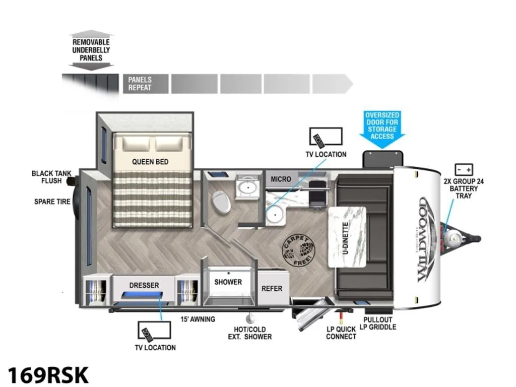 Floor plan of the RV with dinette, living area, kitchen, bathroom and bedroom.