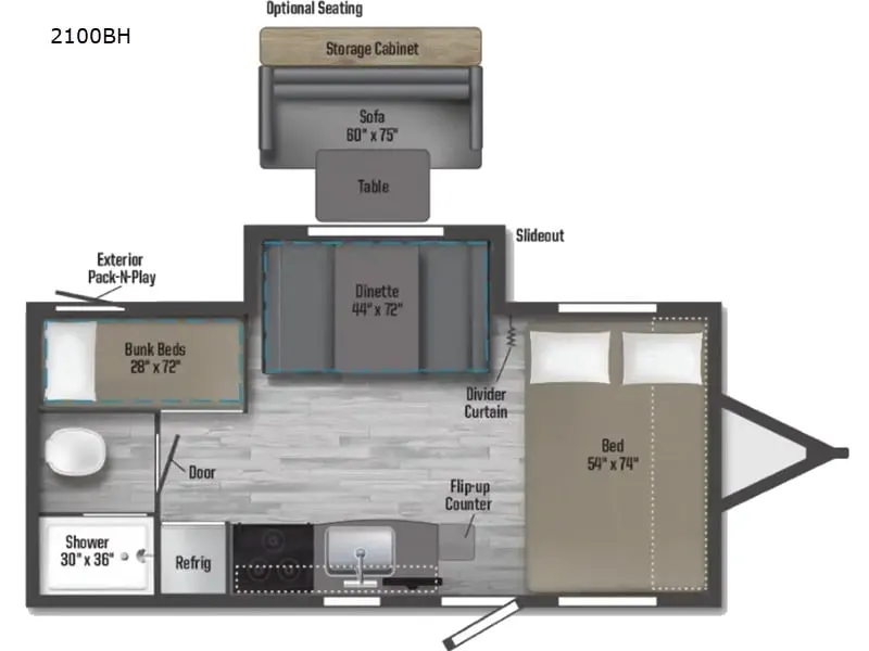 Floor plan of the RV with dinette, living area, kitchen, bathroom and bedroom.