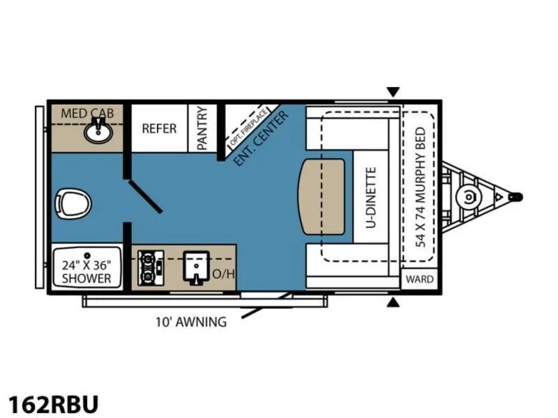 Floor plan of the RV with dinette, living area, kitchen, bathroom and bedroom.