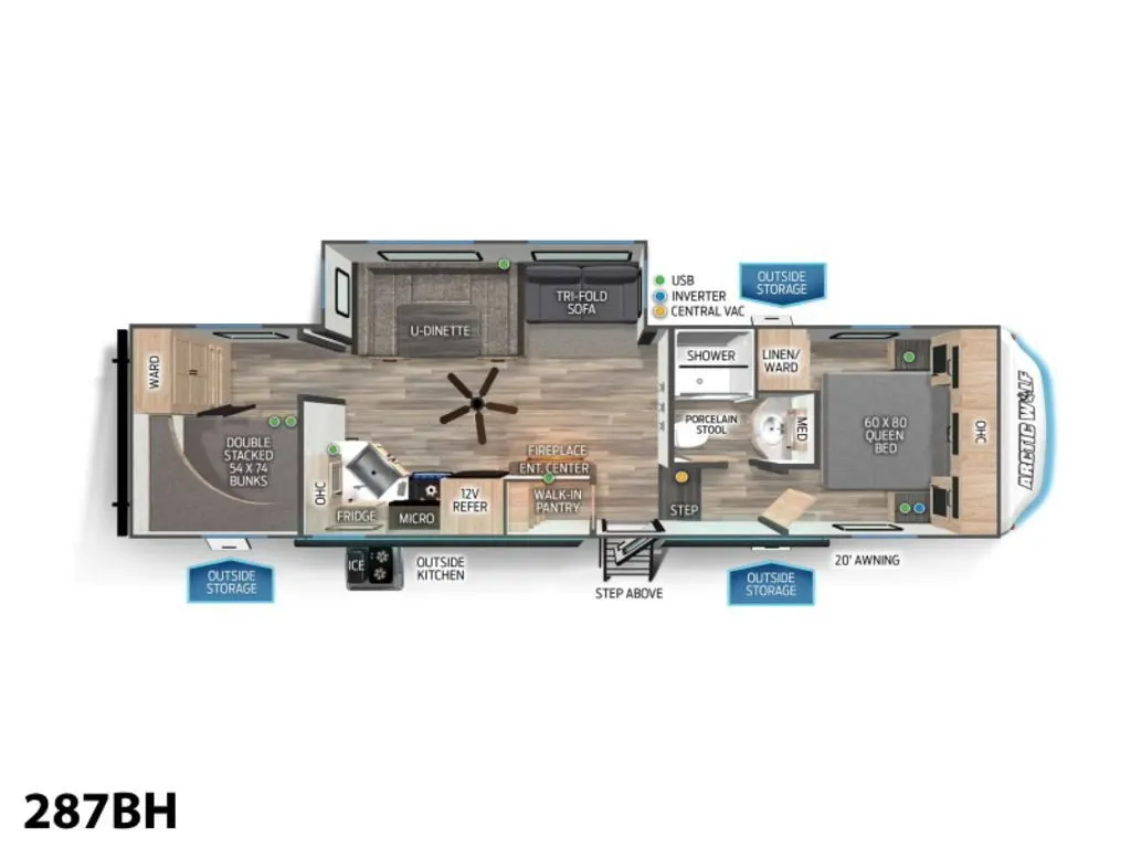 Floor plan of the RV with dinette, living area, kitchen, bathroom and bedroom.