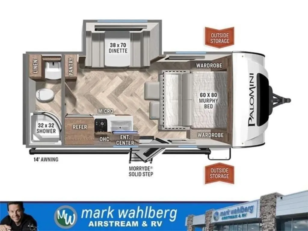 Floor plan of the RV with dinette, living area, kitchen, bathroom and bedroom.