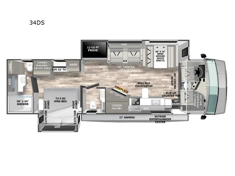 Floor plan of the RV with dinette, living area, kitchen, bathroom and bedroom.