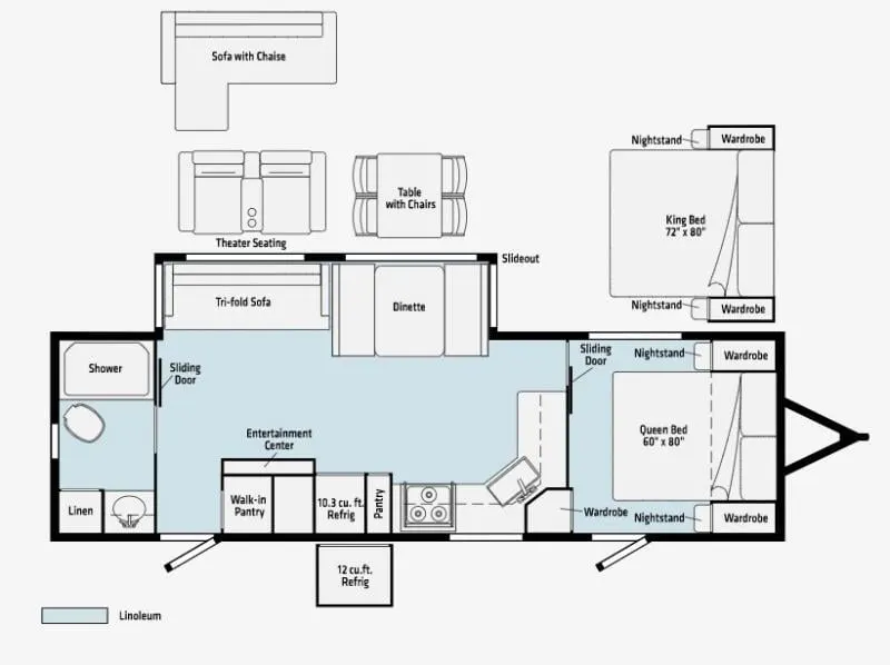 Floor plan of the RV with dinette, living area, kitchen, bathroom and bedroom.