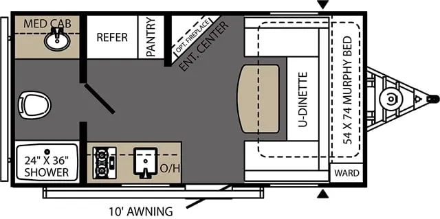 Floor plan of the RV with dinette, living area, kitchen, bathroom and bedroom.