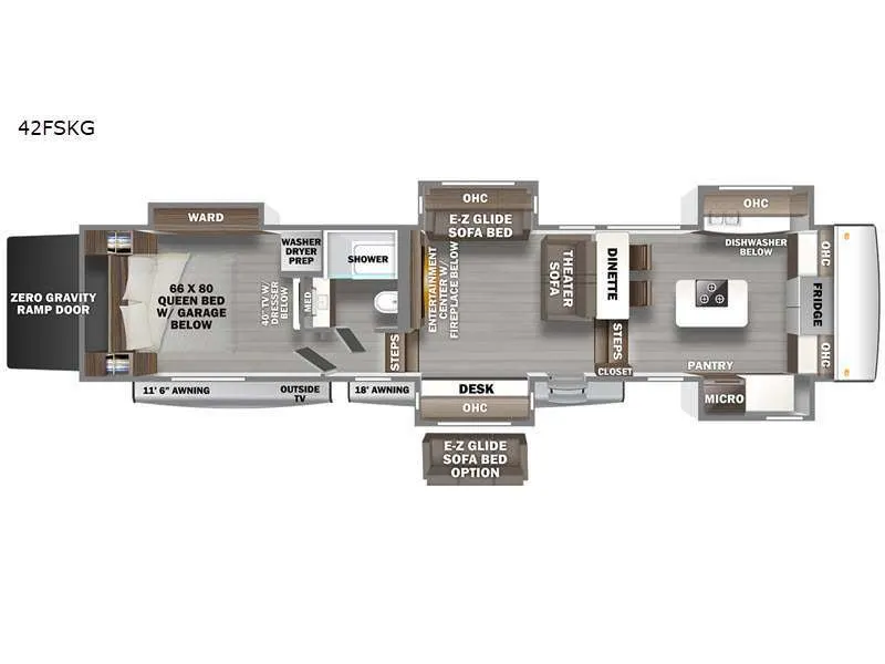 Floor plan of the RV with dinette, living area, kitchen, bathroom and bedroom.