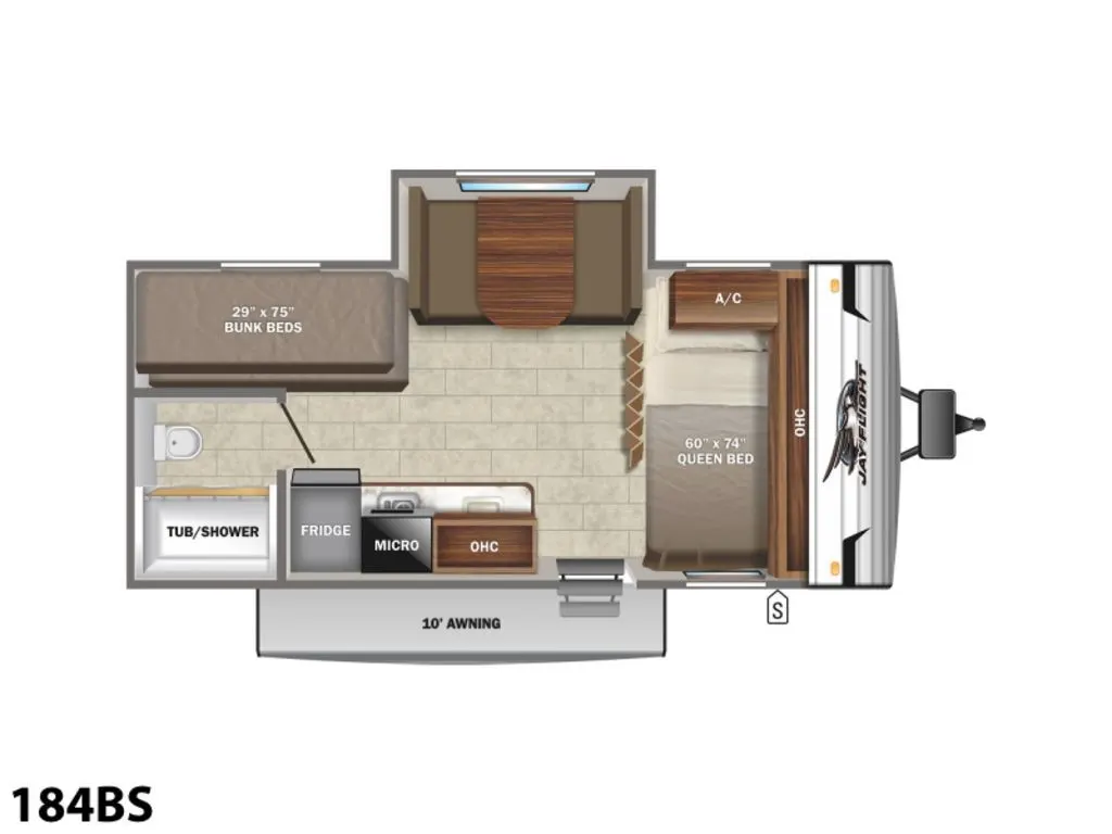 Floor plan of the RV with dinette, living area, kitchen, bathroom and bedroom.