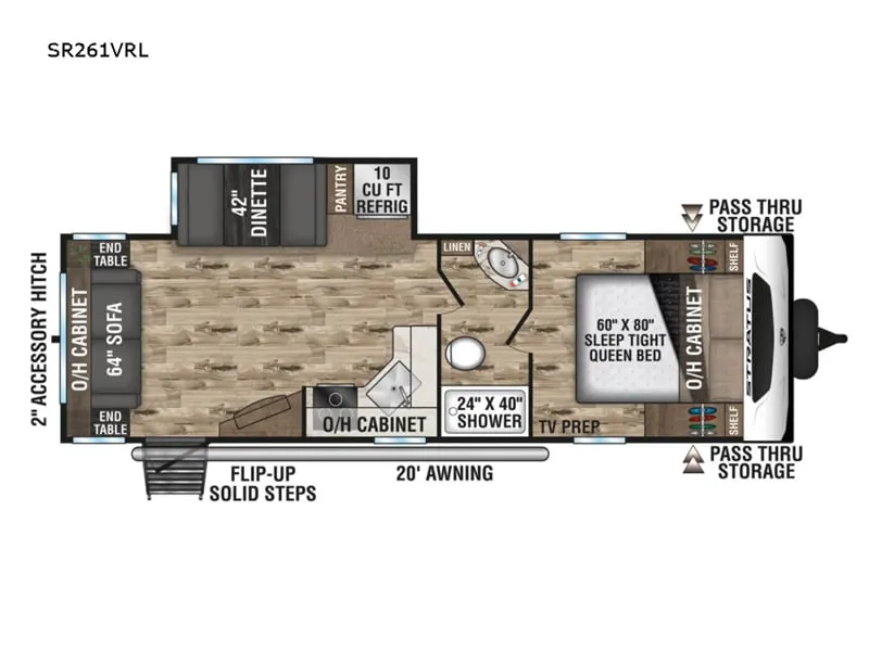 Floor plan of the RV with dinette, living area, kitchen, bathroom and bedroom.