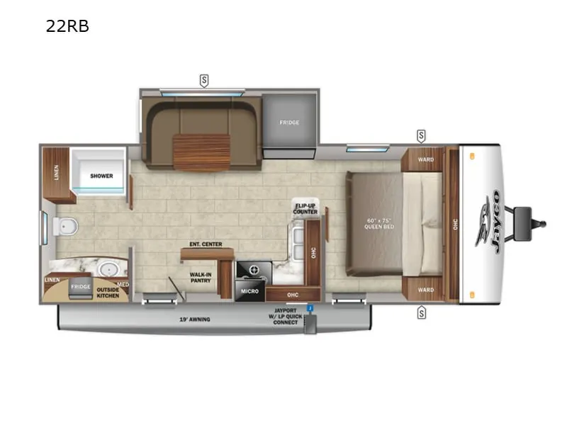 Floor plan of the RV with dinette, living area, kitchen, bathroom and bedroom.