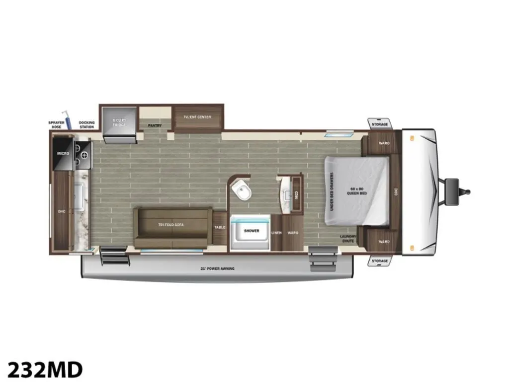 Floor plan of the RV with dinette, living area, bathroom and bedroom.