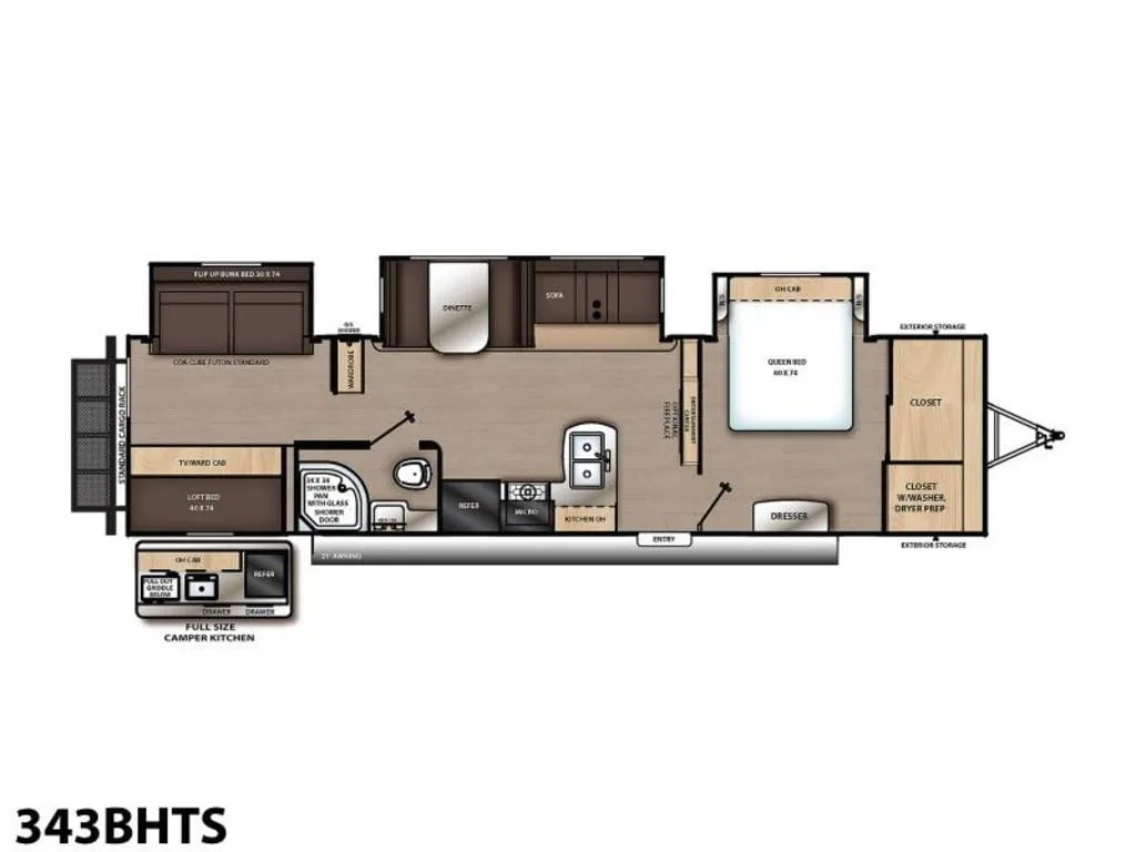 Floor plan of the RV with dinette, living area, kitchen, bathroom and bedroom.